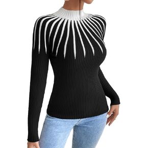 SweatyRocks Women's Long Sleeve Mock Neck Color Block Top Slim Fit Ribbed Knit Pullover Sweater