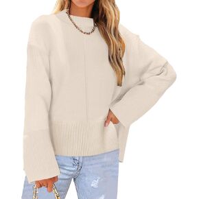 Womens Sweaters Casual Crew Neck Fashion Wide Ribbed Cuff Knit Tunic Pullover Oversized Solid Jumper Tops Side Split