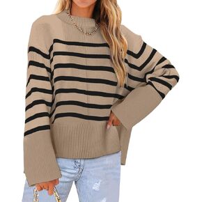 Womens Sweaters Casual Crew Neck Fashion Wide Ribbed Cuff Knit Tunic Pullover Oversized Solid Jumper Tops Side Split