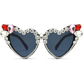 Long Keeper Heart Crystal Sunglasses for Women Luxury Rhinestone Love Sun Glasses Cat Eye Bling Party Festival Sunglasses