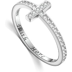 EVER FAITH Sideways Cross Ring, 925 Sterling Silver White Gorgeous Cubic Zirconia Faith Hope Love Ring Jewelry for Women