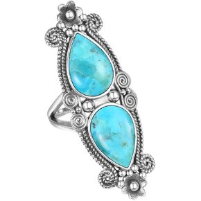 Phyonio Women's Turquoise/Black Onyx/Mother of Pearl Ring Vintage 925 Sterling Silver Flower Ring Pear Shape Turquoise Statement Rings Size 6-9