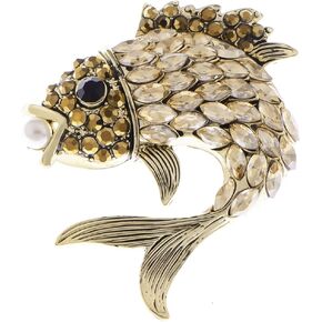 Alilang Women's Gold Toned Gunmetal Champagne Rhinestone Crystals Faux Pearl Fish Lapel Pin Gift Brooch