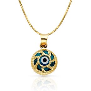 Ioka 14K Yellow Gold Evil Eye Charm Pendant with 1.2mm Flat Open Wheat Chain Necklace