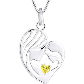 YL Mother and Daughter Necklace 925 Sterling Silver Mum Hold Child Heart Pendant Created Ruby/Aquamarine/Sapphire/Amethyst/Emerald/Garnet/Zirconia Necklace Gifts for Moms in Kuwait