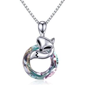 JUSTKIDSTOY Fox Crystal Necklace 925 Sterling Silver Circle Crystal Pendant Necklace Fox Jewelry Gifts for Women Girlfriend Fox Lover
