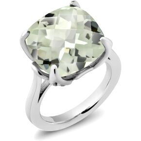 Gem Stone King 925 Sterling Silver Green Prasiolite and White Diamond Ring For Women (9.66 Cttw, Cushion Checkerboard Cut 14MM, Gemstone Birthstone, Available in size 5, 6, 7, 8, 9)