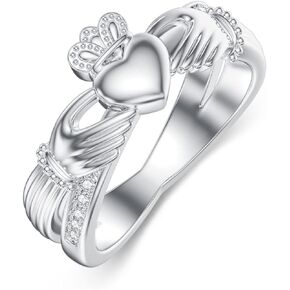 Diamond Claddagh Ring for Women Sterling Silver Love Loyalty Friendship Celtic Irish Ring with Gift Box Ring Size 6/7/8 Gift for Mother's Day/St. Patrick's Day/Birthday with Gift Box