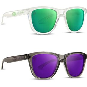 2 Epoch LXE Polarized Sunglasses 1 Clear Frame with Green Mirror Lens 1 Grey Frame with Purple Mirror Lens