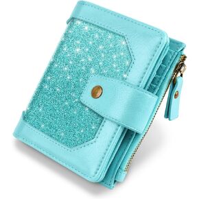 Women Leather Wallet RFID Blocking Small Bifold Zipper Pocket Wallet Card Case Purse with ID Window, Tiffany Glitter