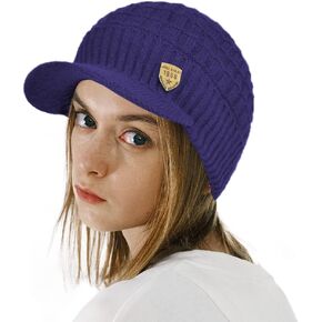Women's Soft Knitting Visor Beanie Winter Hat with Brim Fleece Lining Baseball Cap