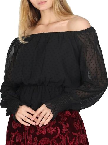 بلوزة نسائية من Yukiwi بأكمام منتفخة ونقاط سويسرية بدون أكتاف من Peplum in Kuwait