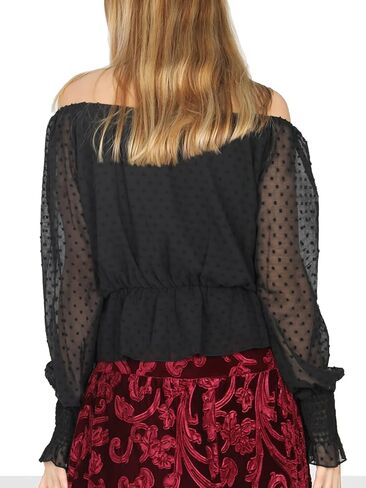 بلوزة نسائية من Yukiwi بأكمام منتفخة ونقاط سويسرية بدون أكتاف من Peplum in Kuwait