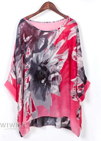 Wiwish Women's Bohemian Style Summer Beach Lagenlook Top Kimono Loose Waterfall Chiffon Kaftan Poncho Shirt in Kuwait