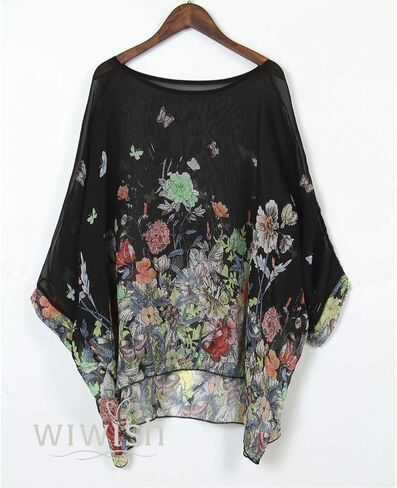 Wiwish Women's Bohemian Style Summer Beach Lagenlook Top Kimono Loose Waterfall Chiffon Kaftan Poncho Shirt in Kuwait