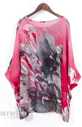 Wiwish Women's Bohemian Style Summer Beach Lagenlook Top Kimono Loose Waterfall Chiffon Kaftan Poncho Shirt in Kuwait