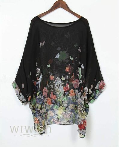 Wiwish Women's Bohemian Style Summer Beach Lagenlook Top Kimono Loose Waterfall Chiffon Kaftan Poncho Shirt in Kuwait