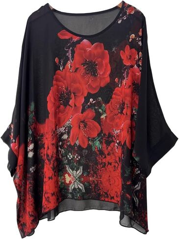 Wiwish Women's Bohemian Style Summer Beach Lagenlook Top Kimono Loose Waterfall Chiffon Kaftan Poncho Shirt in Kuwait