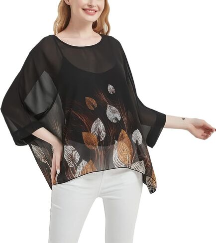 Wiwish Women's Bohemian Style Summer Beach Lagenlook Top Kimono Loose Waterfall Chiffon Kaftan Poncho Shirt in Kuwait