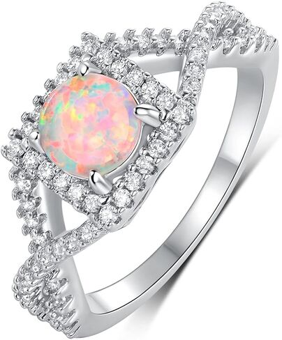 Gemsme 18K White Gold Plated Square White Fire Opal Ring Halo Engagement Birthstone Rings for Women in Saudi Arabia