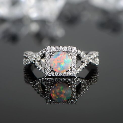 Gemsme 18K White Gold Plated Square White Fire Opal Ring Halo Engagement Birthstone Rings for Women in Saudi Arabia