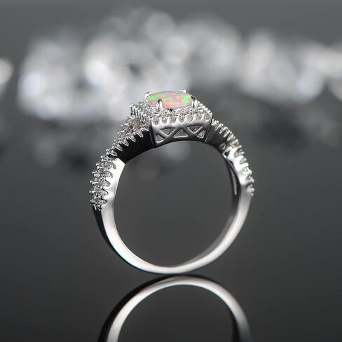 Gemsme 18K White Gold Plated Square White Fire Opal Ring Halo Engagement Birthstone Rings for Women in Saudi Arabia