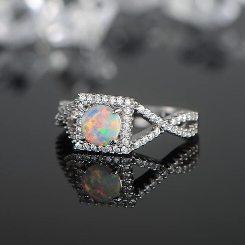 Gemsme 18K White Gold Plated Square White Fire Opal Ring Halo Engagement Birthstone Rings for Women in Saudi Arabia