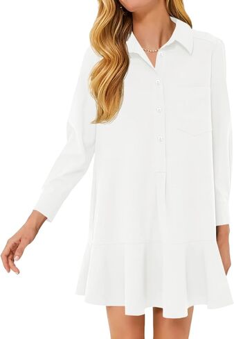 Fisoew Womens Casual Button Down Shirt Dress Long Sleeve Collared Pleated Swing Mini Dresses in Saudi Arabia