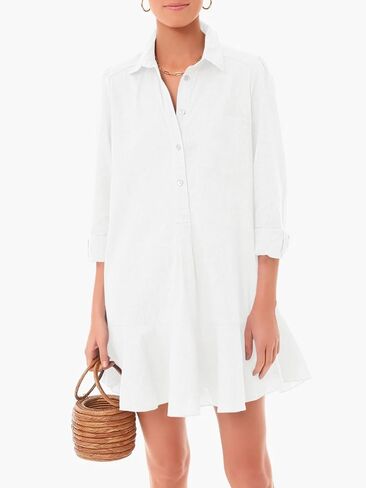Fisoew Womens Casual Button Down Shirt Dress Long Sleeve Collared Pleated Swing Mini Dresses in Saudi Arabia