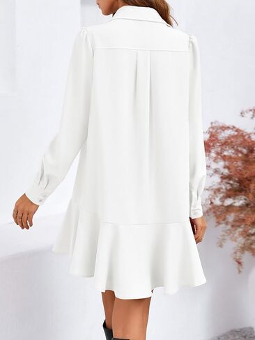Fisoew Womens Casual Button Down Shirt Dress Long Sleeve Collared Pleated Swing Mini Dresses in Saudi Arabia