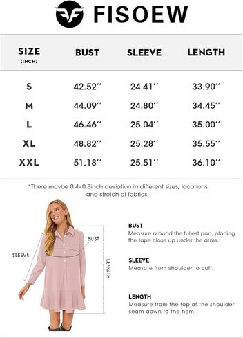 Fisoew Womens Casual Button Down Shirt Dress Long Sleeve Collared Pleated Swing Mini Dresses in Saudi Arabia