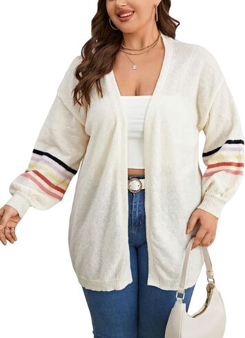 MakeMeChic Women's Plus Size Striped Open Front Long Sleeve Drop Shoulder Casual Loose Cardigan Sweater Tops in Saudi Arabia