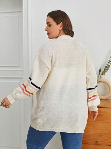 MakeMeChic Women's Plus Size Striped Open Front Long Sleeve Drop Shoulder Casual Loose Cardigan Sweater Tops in Saudi Arabia