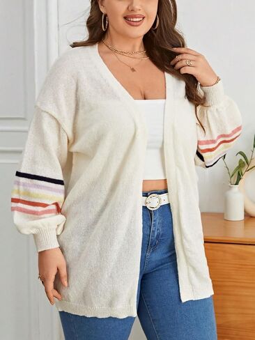 MakeMeChic Women's Plus Size Striped Open Front Long Sleeve Drop Shoulder Casual Loose Cardigan Sweater Tops in Saudi Arabia