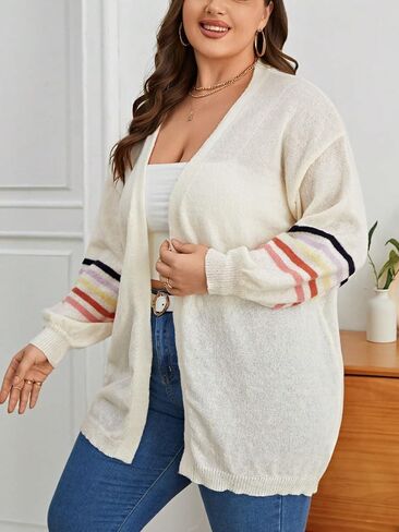 MakeMeChic Women's Plus Size Striped Open Front Long Sleeve Drop Shoulder Casual Loose Cardigan Sweater Tops in Saudi Arabia