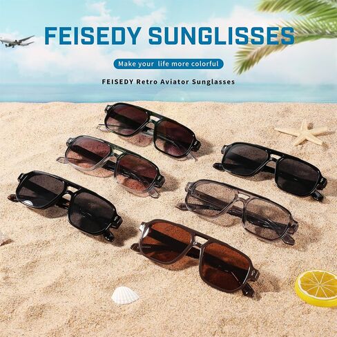 نظارة شمسية FEISEDY Retro Square Aviator للنساء والرجال، نظارات شمسية مستطيلة عتيقة 70s UV400 B9120 in Kuwait