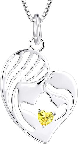 YL Mother and Daughter Necklace 925 Sterling Silver Mum Hold Child Heart Pendant Created Ruby/Aquamarine/Sapphire/Amethyst/Emerald/Garnet/Zirconia Necklace Gifts for Moms in Kuwait