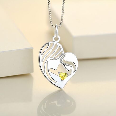 YL Mother and Daughter Necklace 925 Sterling Silver Mum Hold Child Heart Pendant Created Ruby/Aquamarine/Sapphire/Amethyst/Emerald/Garnet/Zirconia Necklace Gifts for Moms in Kuwait
