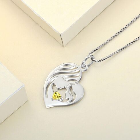 YL Mother and Daughter Necklace 925 Sterling Silver Mum Hold Child Heart Pendant Created Ruby/Aquamarine/Sapphire/Amethyst/Emerald/Garnet/Zirconia Necklace Gifts for Moms in Kuwait