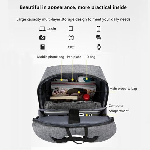 حقيبة ظهر للعمل مقاس 17.3 بوصة، حقيبة ظهر مقاومة للماء والسفر والكمبيوتر المحمول مع منفذ شاحن USB (رمادي) in Kuwait
