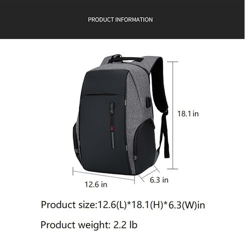 حقيبة ظهر للعمل مقاس 17.3 بوصة، حقيبة ظهر مقاومة للماء والسفر والكمبيوتر المحمول مع منفذ شاحن USB (رمادي) in Kuwait