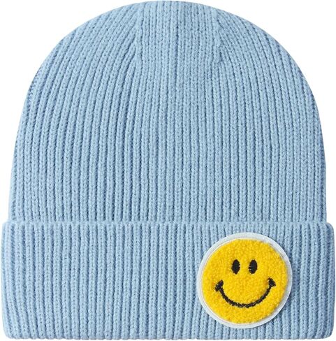 Men and Women Casual Fashion Happy Smile Face Pastel Tone Colored Ribbed Thick Knit Beanie Hat in Saudi Arabia