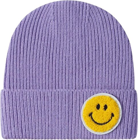 Men and Women Casual Fashion Happy Smile Face Pastel Tone Colored Ribbed Thick Knit Beanie Hat in Saudi Arabia