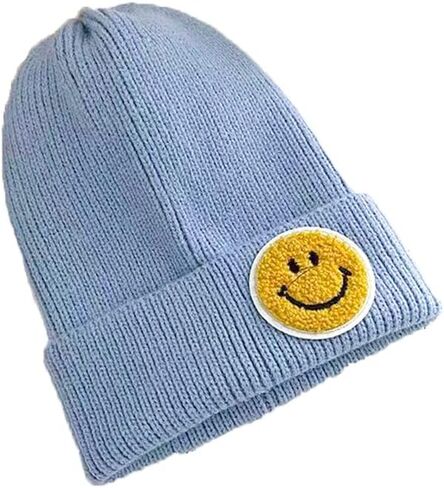 Men and Women Casual Fashion Happy Smile Face Pastel Tone Colored Ribbed Thick Knit Beanie Hat in Saudi Arabia