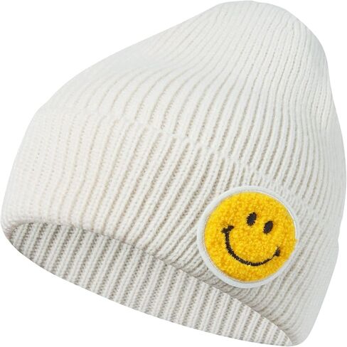 Men and Women Casual Fashion Happy Smile Face Pastel Tone Colored Ribbed Thick Knit Beanie Hat in Saudi Arabia