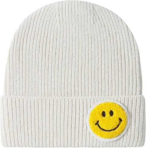 Men and Women Casual Fashion Happy Smile Face Pastel Tone Colored Ribbed Thick Knit Beanie Hat in Saudi Arabia