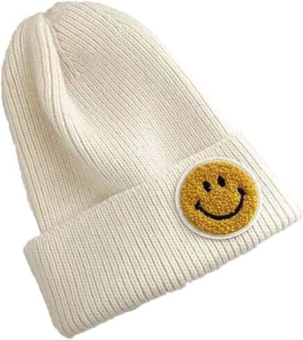 Men and Women Casual Fashion Happy Smile Face Pastel Tone Colored Ribbed Thick Knit Beanie Hat in Saudi Arabia