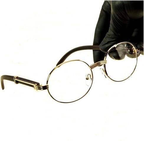 Men's Round Wood Vintage Retro Gold Frame Clear Lens Fashion Hip Hop Glasses in Saudi Arabia