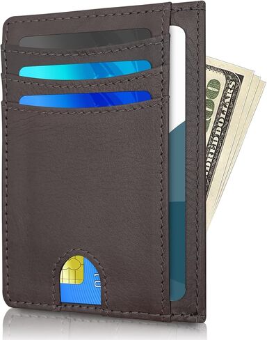 محفظة جلدية أصلية نحيفة للرجال والنساء، محفظة جيب أمامية رفيعة مع حامل بطاقة الائتمان RFID (وردي رمادي) in Kuwait