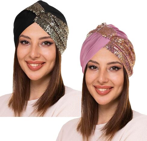 غطاء راس مزين بالترتر الافريقي مربوطة مسبقا من ييلهيل، غطاء راس بكسرات لامعة للحفلات الراقصة للنساء، اسود وزهري، قطعتين in Kuwait